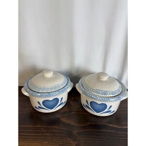 VTG 90s Covered Soup Bowls with Heart Pattern Design, Set of 2 Ceramic Stoneware